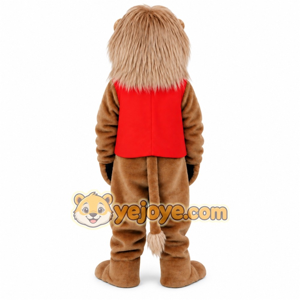 Tan Brown Lion With Red Vest Mascot Costume