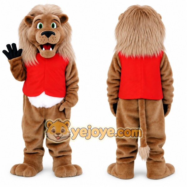 Tan Brown Lion With Red Vest Mascot Costume