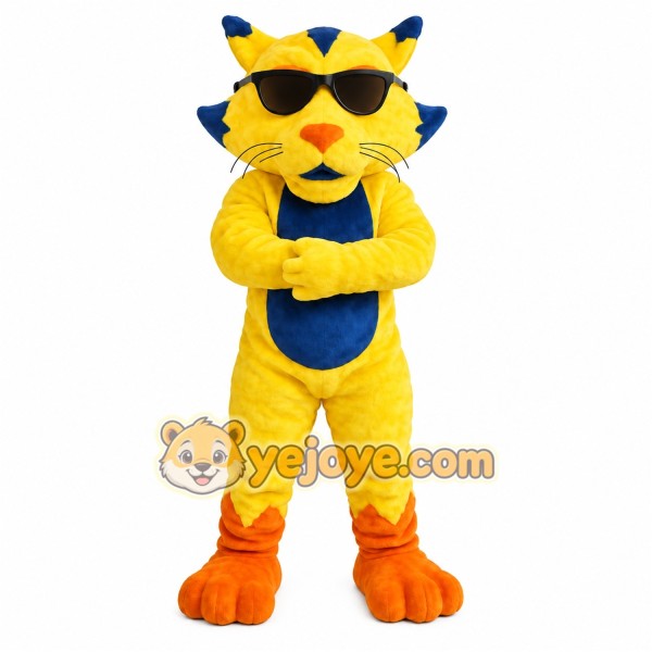 Yellow Blue Sunglasses Cat Mascot Costume Yellow Blue Sunglasses Cat Mascot Costume