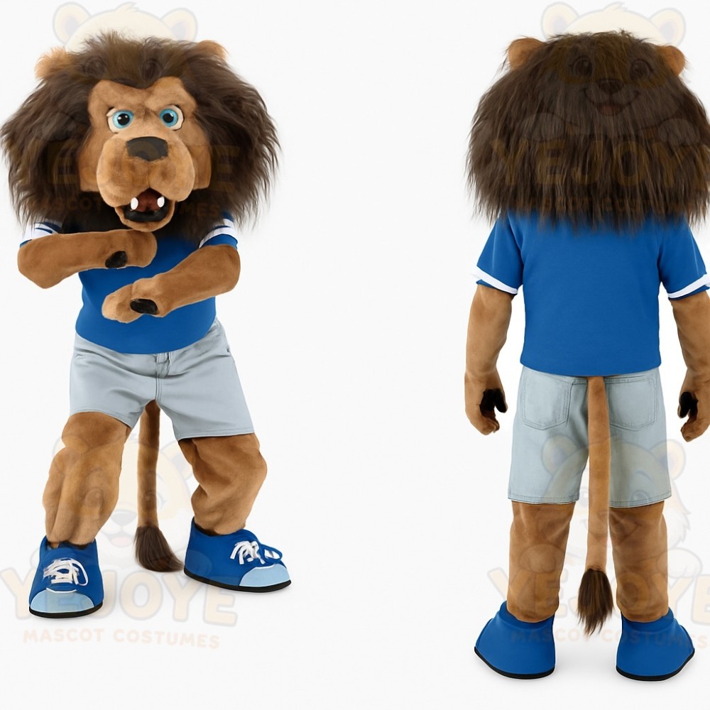Brown Blue Sports Lion Mascot Costume