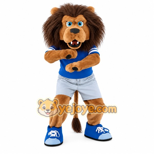 Brown Blue Sports Lion Mascot Costume