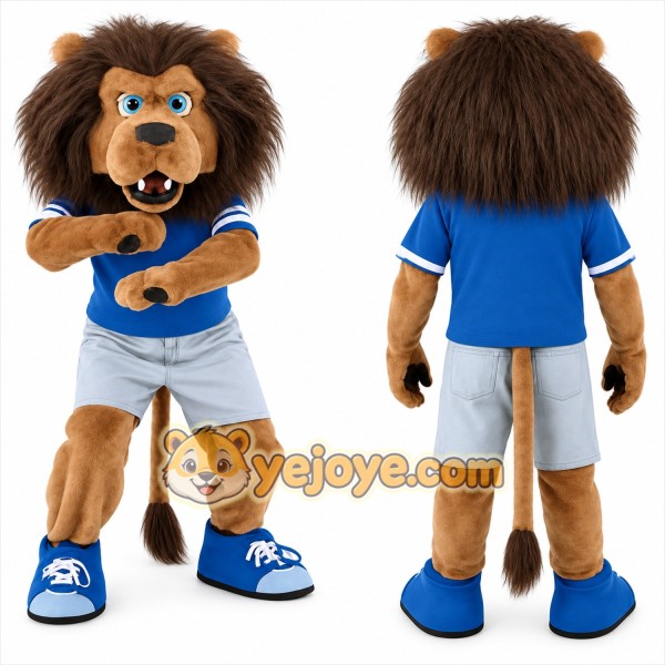 Brown Blue Sports Lion Mascot Costume