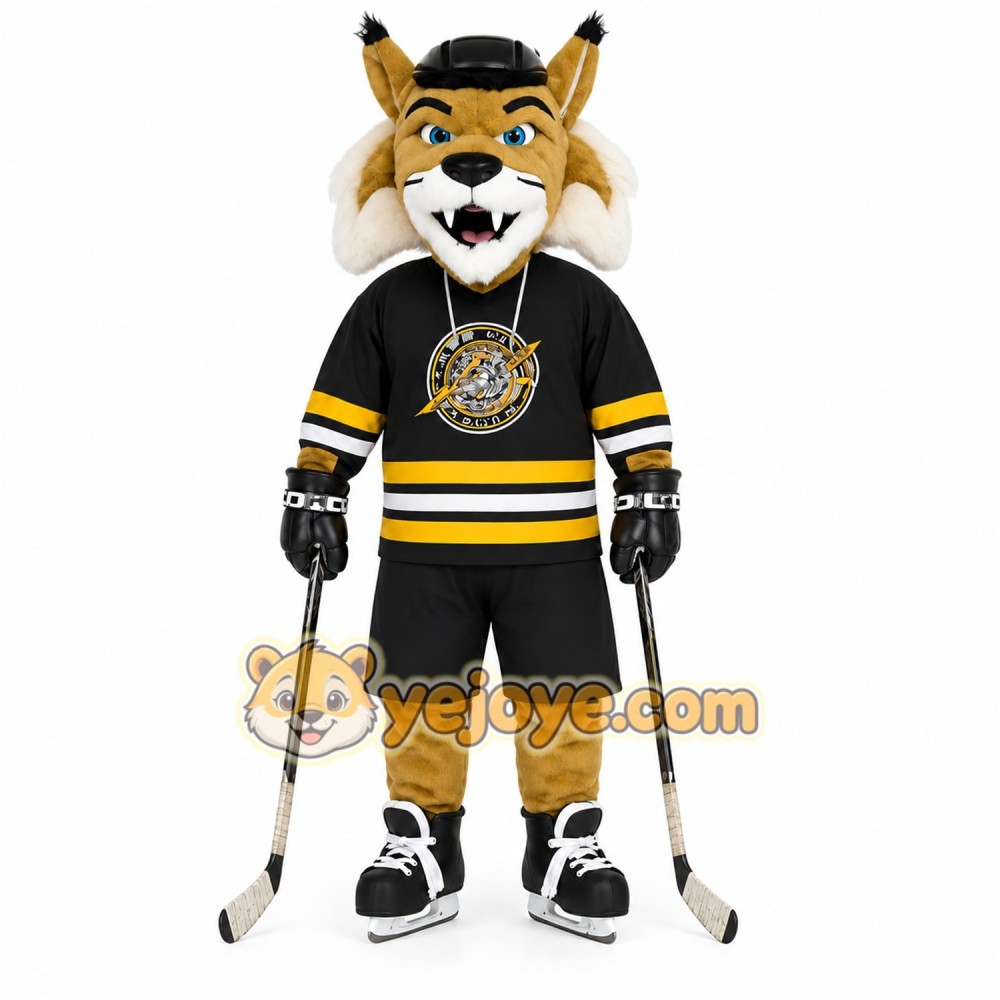 Gold Black Hockey Bobcat Mascot Costume Gold Black Hockey Bobcat Mascot Costume
