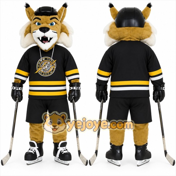 Gold Black Hockey Bobcat Mascot Costume