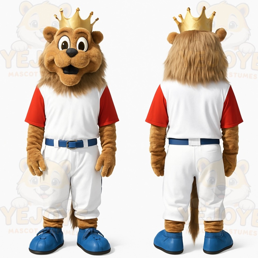 Brown Gold Crowned Lion Baseball Mascot Costume