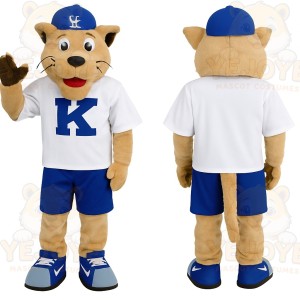 Tan Blue White Baseball Cat Mascot Costume