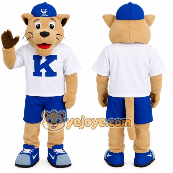 Tan Blue White Baseball Cat Mascot Costume
