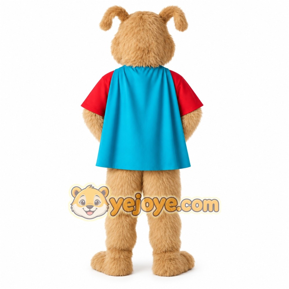 Tan Red Teal Superhero Dog Mascot Costume Tan Red Teal Superhero Dog Mascot Costume
