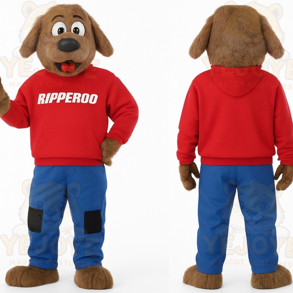 Brown Dog Red Hoodie Blue Pants Mascot Costume