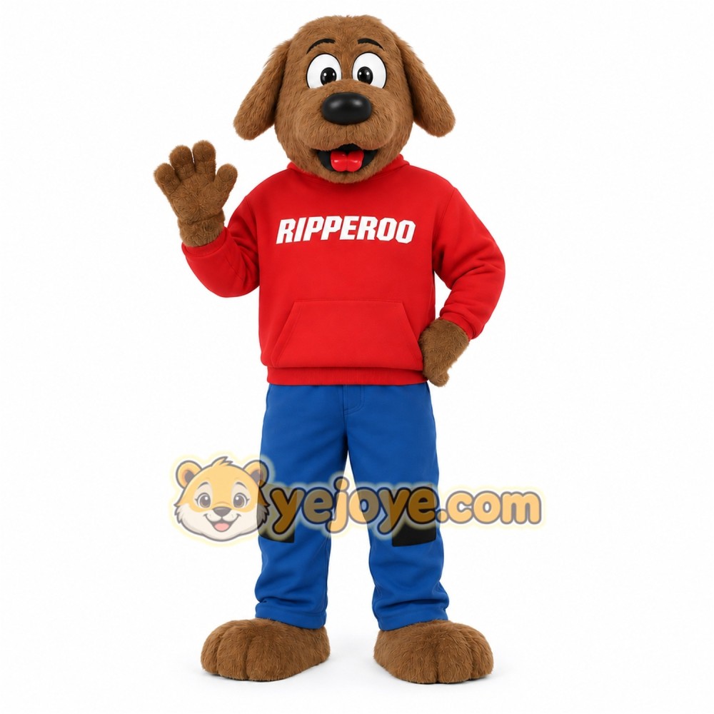 Brown Dog Red Hoodie Blue Pants Mascot Costume