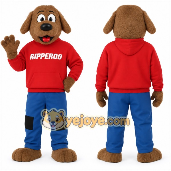 Brown Dog Red Hoodie Blue Pants Mascot Costume