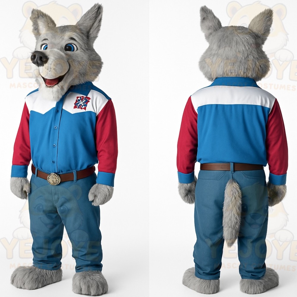 Gray Blue Red Cowboy Wolf Mascot Costume