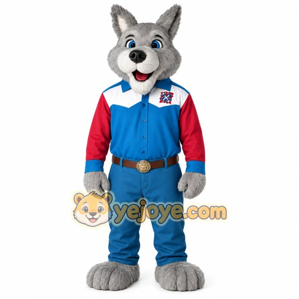 Gray Blue Red Cowboy Wolf Mascot Costume