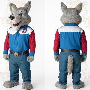 Gray Blue Red Cowboy Wolf Mascot Costume