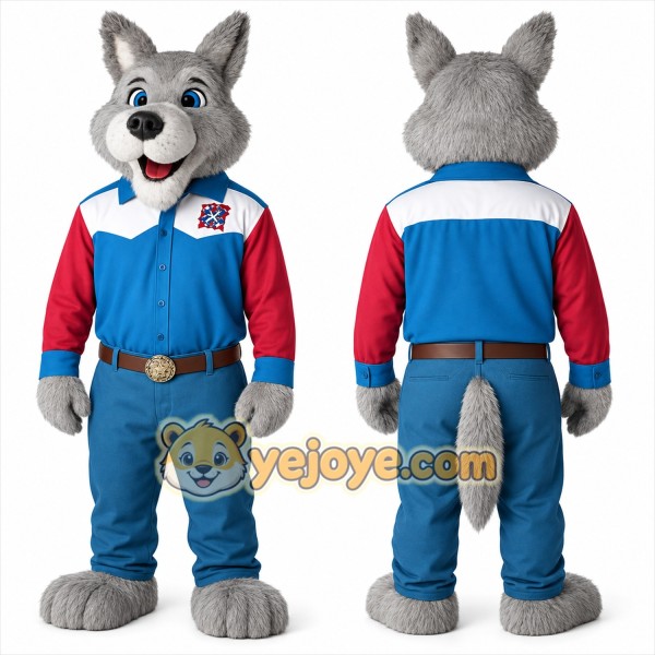 Gray Blue Red Cowboy Wolf Mascot Costume