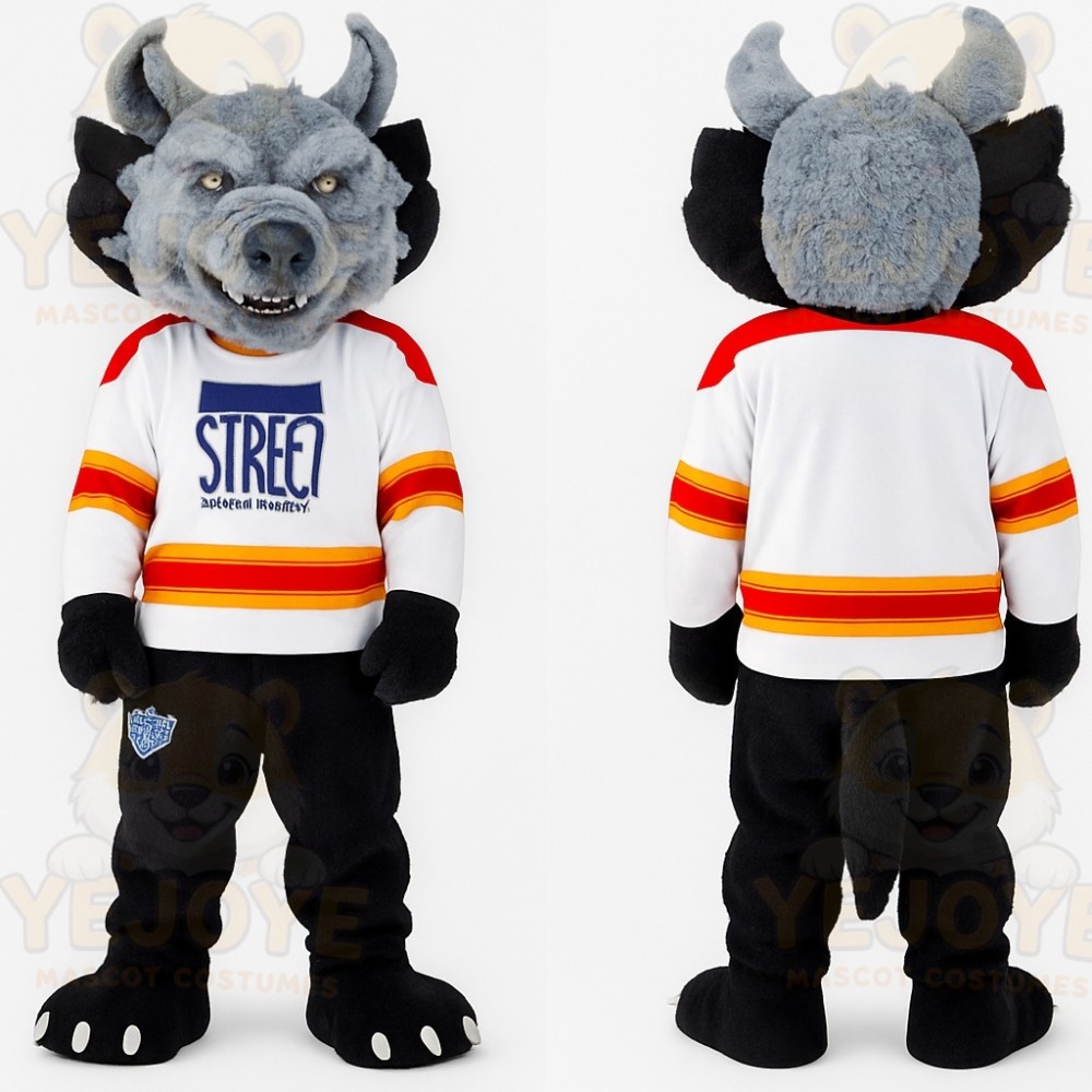 Gray Black Horned Wolf Mascot Costume