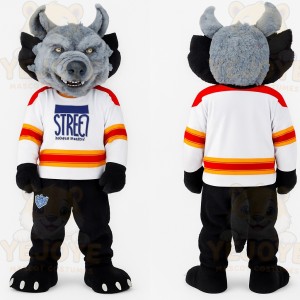 Gray Black Horned Wolf Mascot Costume