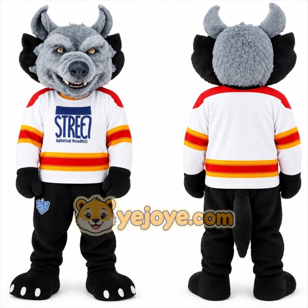 Gray Black Horned Wolf Mascot Costume