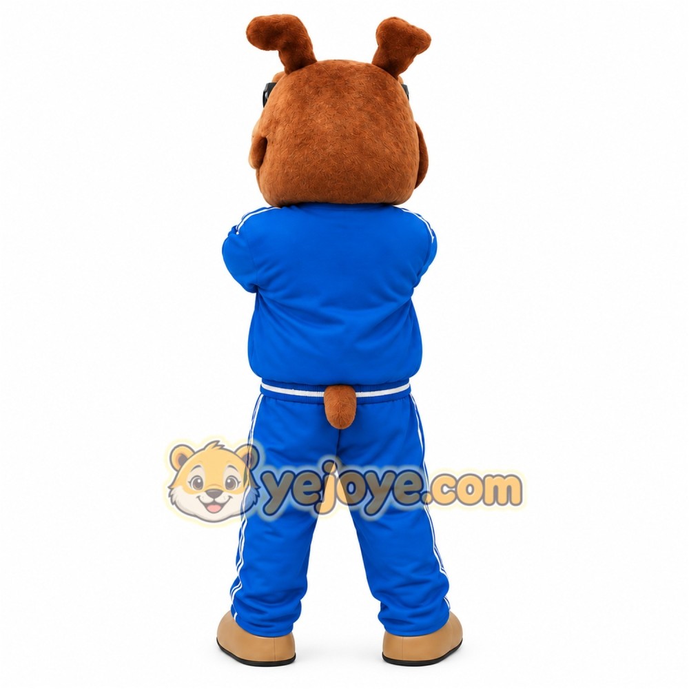 Brown Dog In Blue Tracksuit Mascot Costume Brown Dog In Blue Tracksuit Mascot Costume