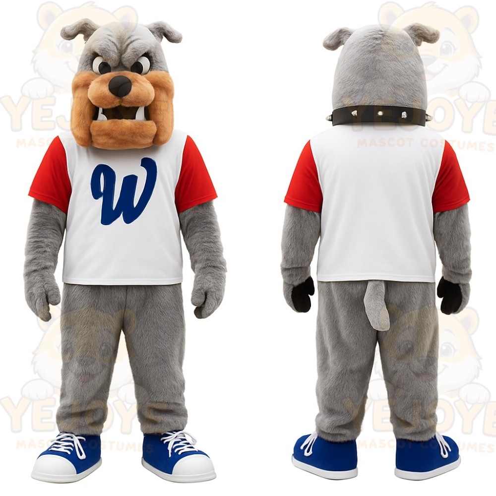 Gray Tan White Red Bulldog Mascot Costume
