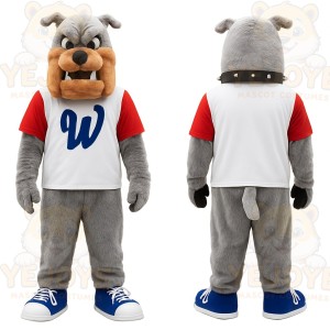 Gray Tan White Red Bulldog Mascot Costume