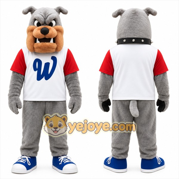 Gray Tan White Red Bulldog Mascot Costume