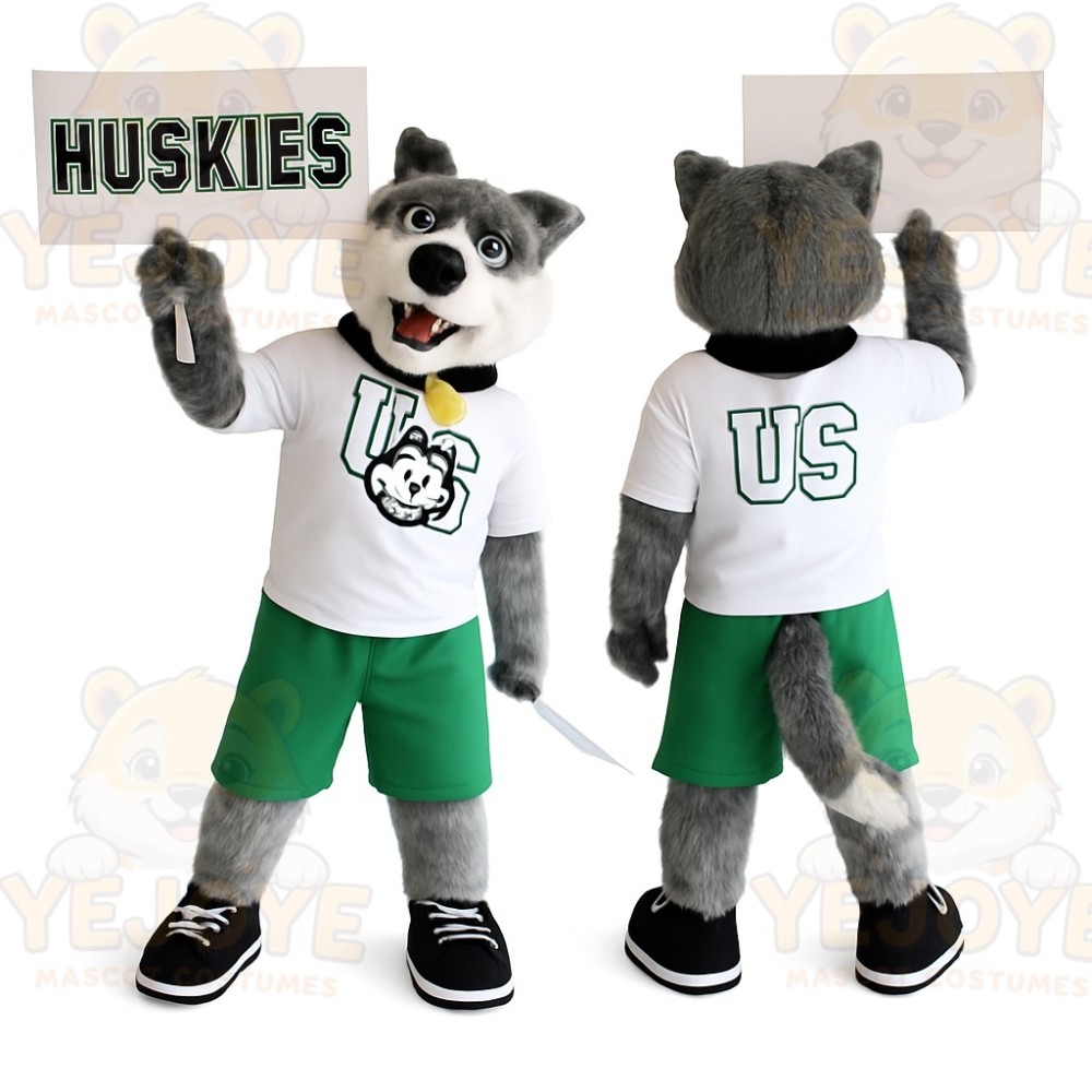 Gray White Green Husky Dog Mascot Costume