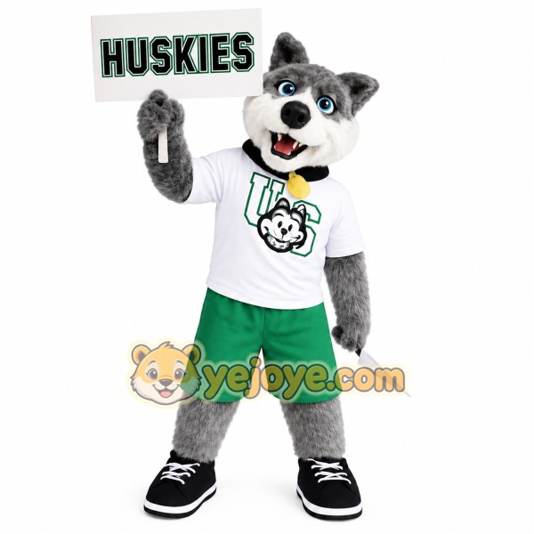 Gray White Green Husky Dog Mascot Costume
