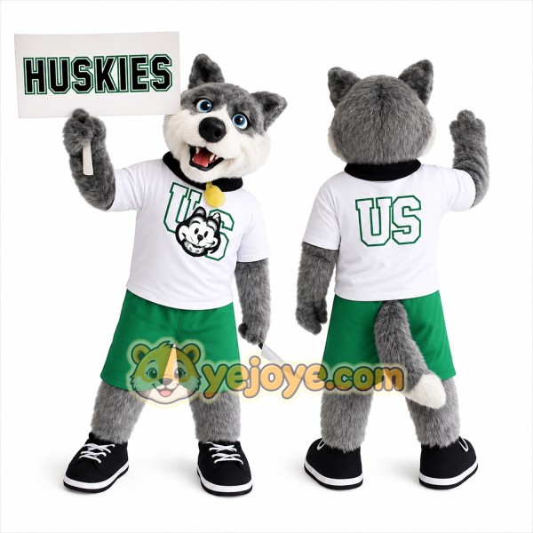 Gray White Green Husky Dog Mascot Costume