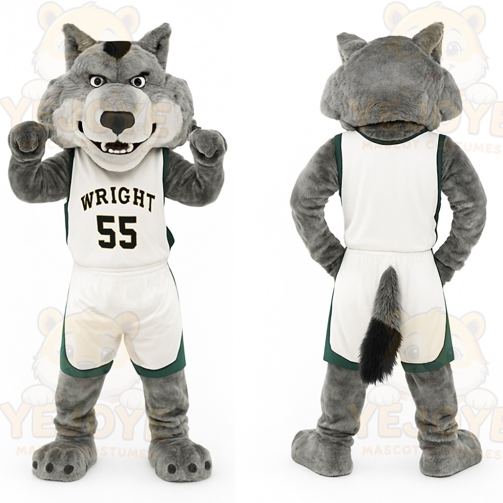 Gray White Green Basketball Wolf Mascot Costume