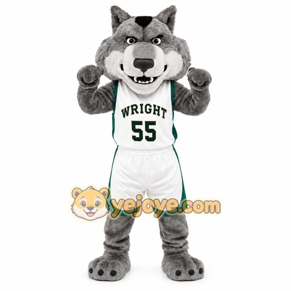 Gray White Green Basketball Wolf Mascot Costume