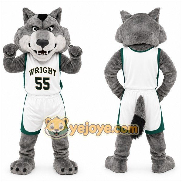 Gray White Green Basketball Wolf Mascot Costume