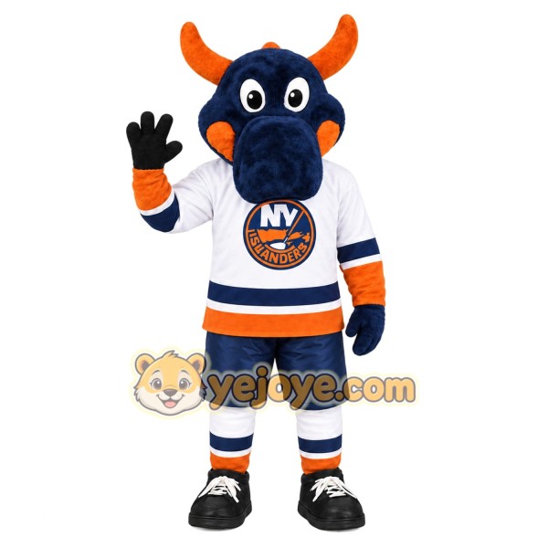 Navy Orange Bull Hockey Mascot Costume Navy Orange Bull Hockey Mascot Costume