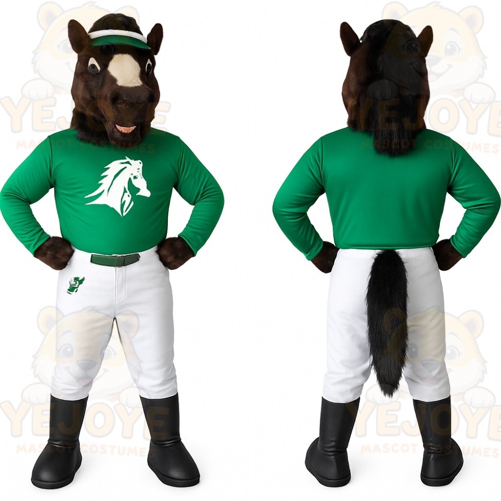 Brown Green White Racehorse Mascot Costume