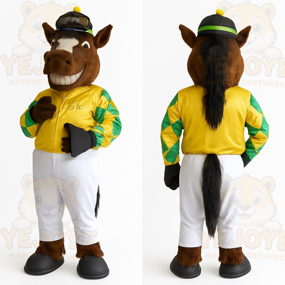 Brown Yellow Green Horse Jockey Mascot Costume