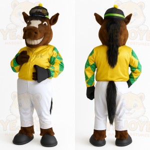 Brown Yellow Green Horse Jockey Mascot Costume