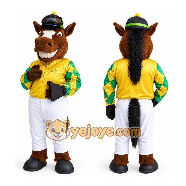 Brown Yellow Green Horse Jockey Mascot Costume
