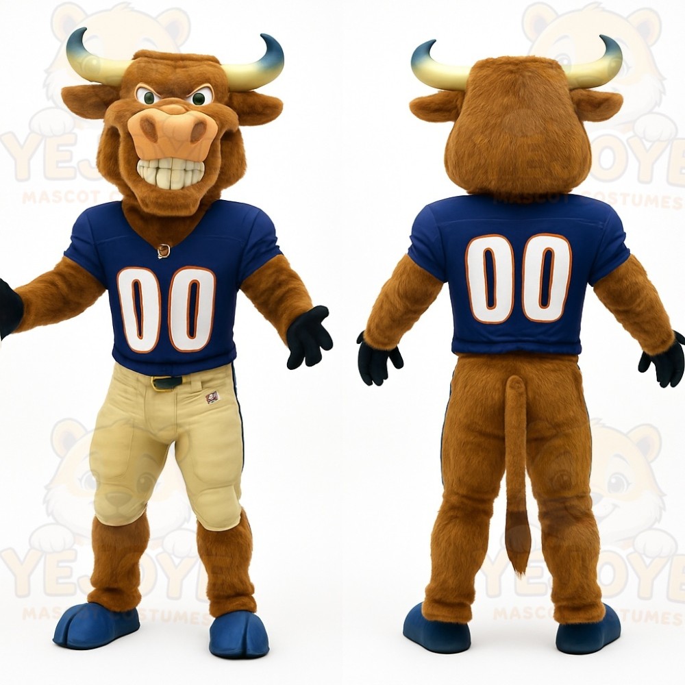 Brown Blue Beige Football Bull Mascot Costume