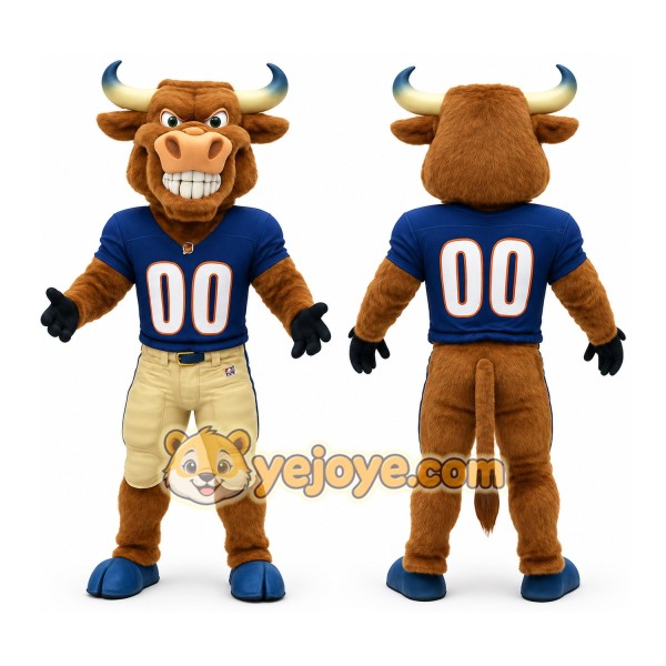 Brown Blue Beige Football Bull Mascot Costume