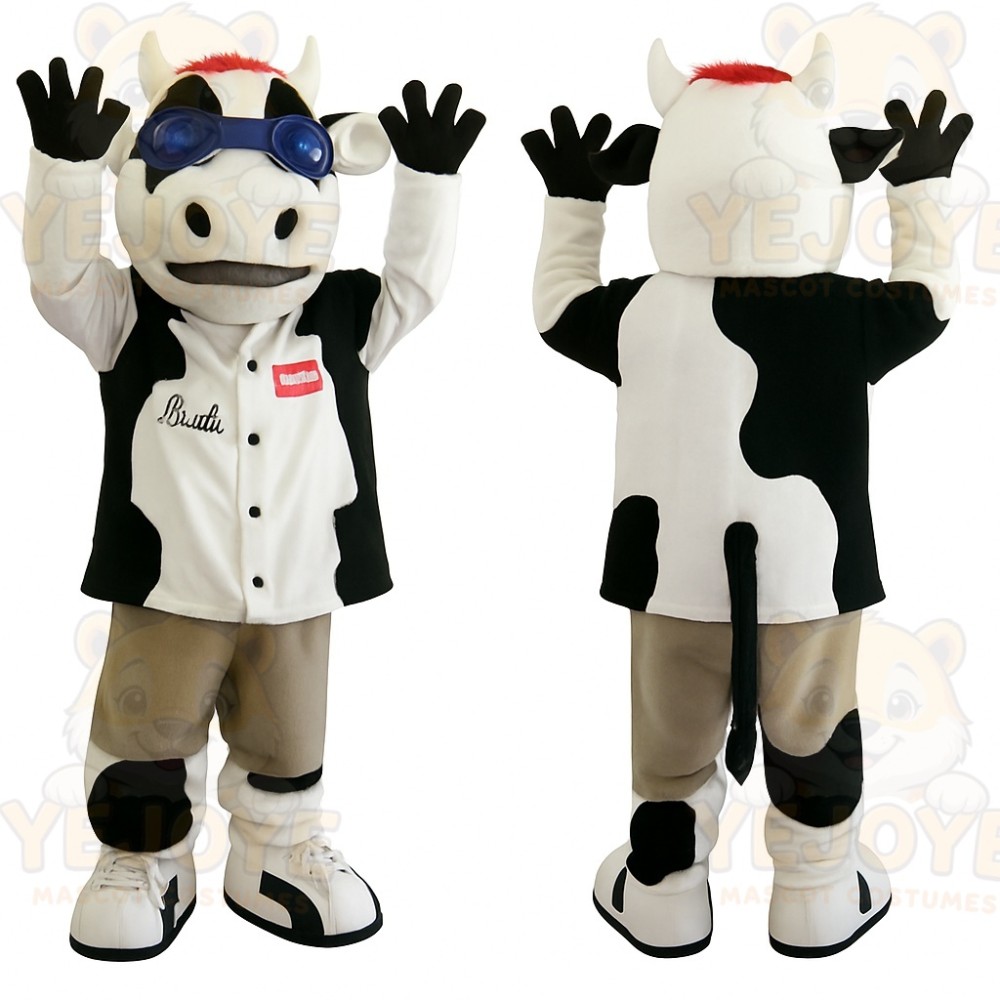 Black White Cow With Blue Goggles Mascot Costume