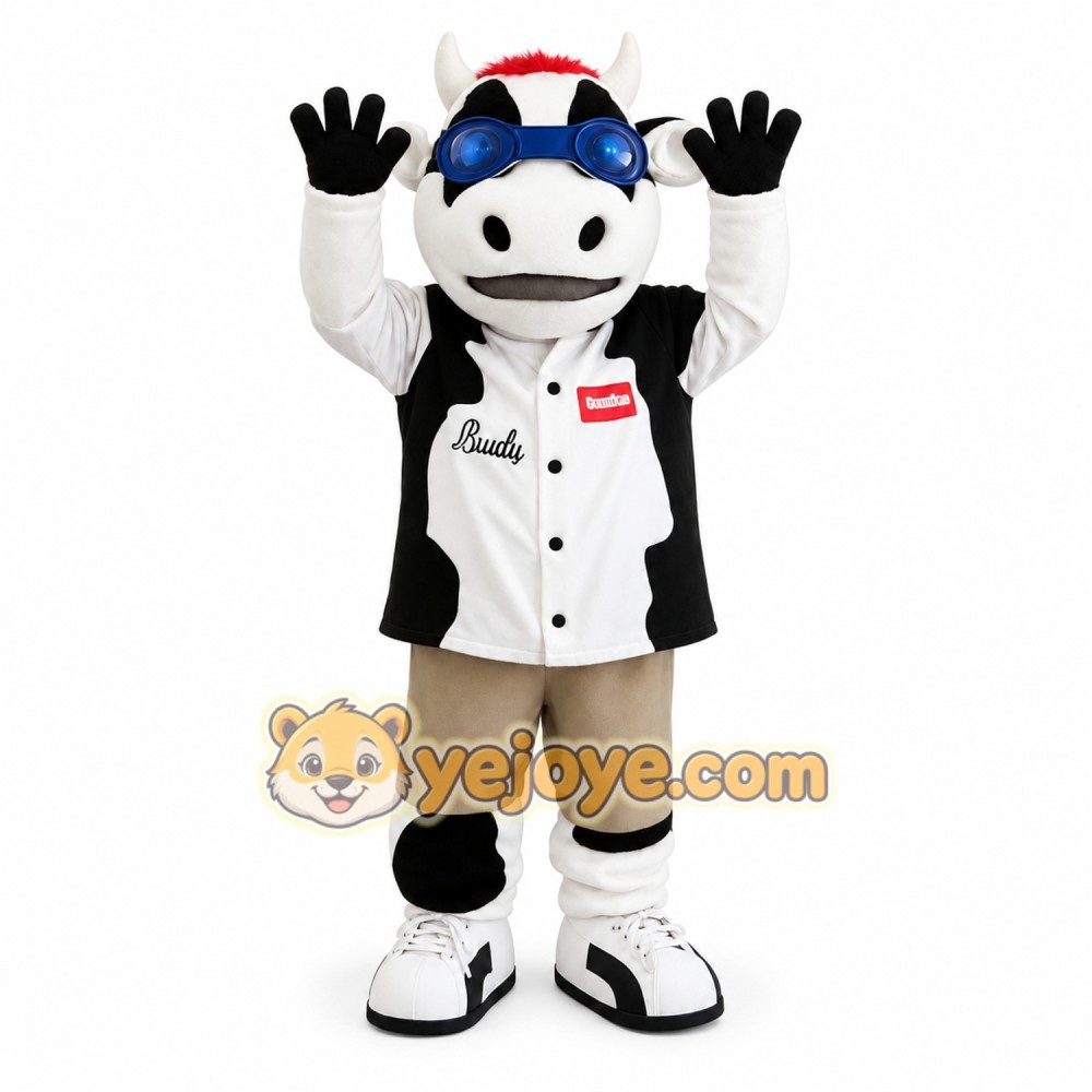 Black White Cow With Blue Goggles Mascot Costume Black White Cow With Blue Goggles Mascot Costume