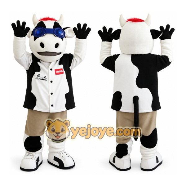 Black White Cow With Blue Goggles Mascot Costume