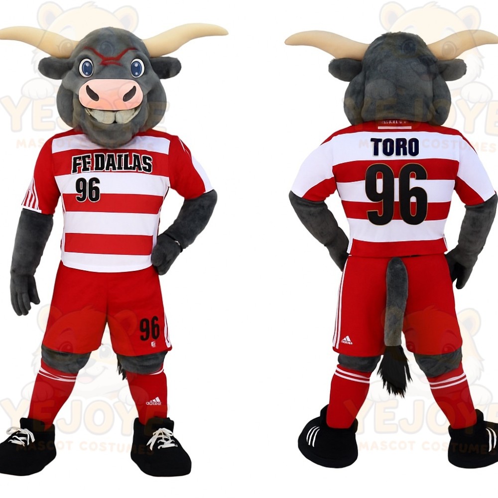 Gray Red White Soccer Bull Mascot Costume