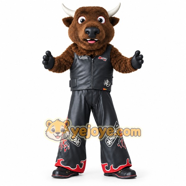 Brown Black Biker Bull Mascot Costume Brown Black Biker Bull Mascot Costume