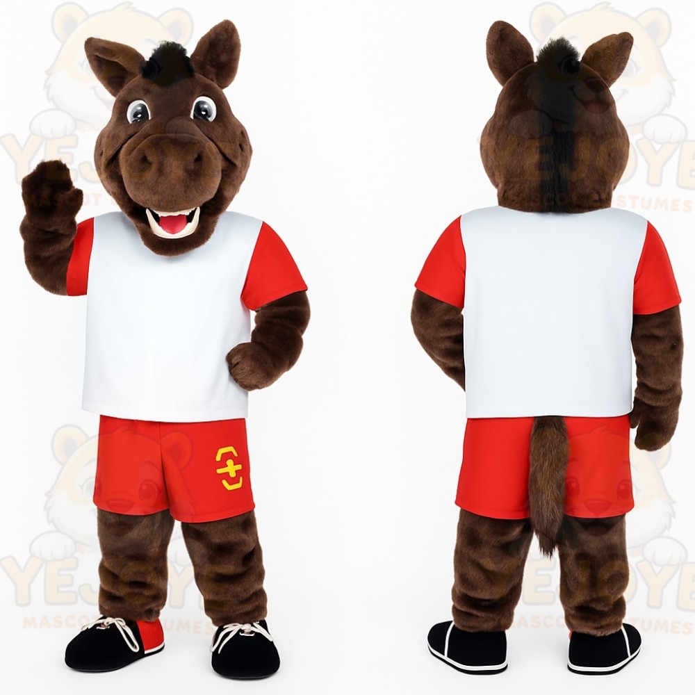 Brown Horse Red White Sports Mascot Costume