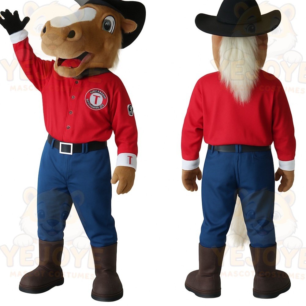 Brown Red Blue Horse Cowboy Mascot Costume