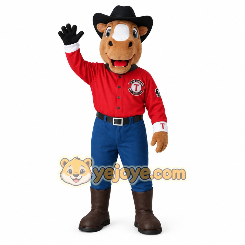 Brown Red Blue Horse Cowboy Mascot Costume Brown Red Blue Horse Cowboy Mascot Costume