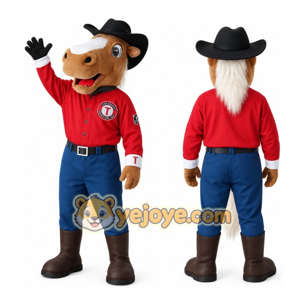 Brown Red Blue Horse Cowboy Mascot Costume