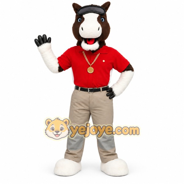Brown White Horse Red Shirt Mascot Costume