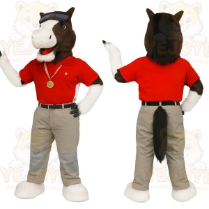 Brown White Horse Red Shirt Mascot Costume